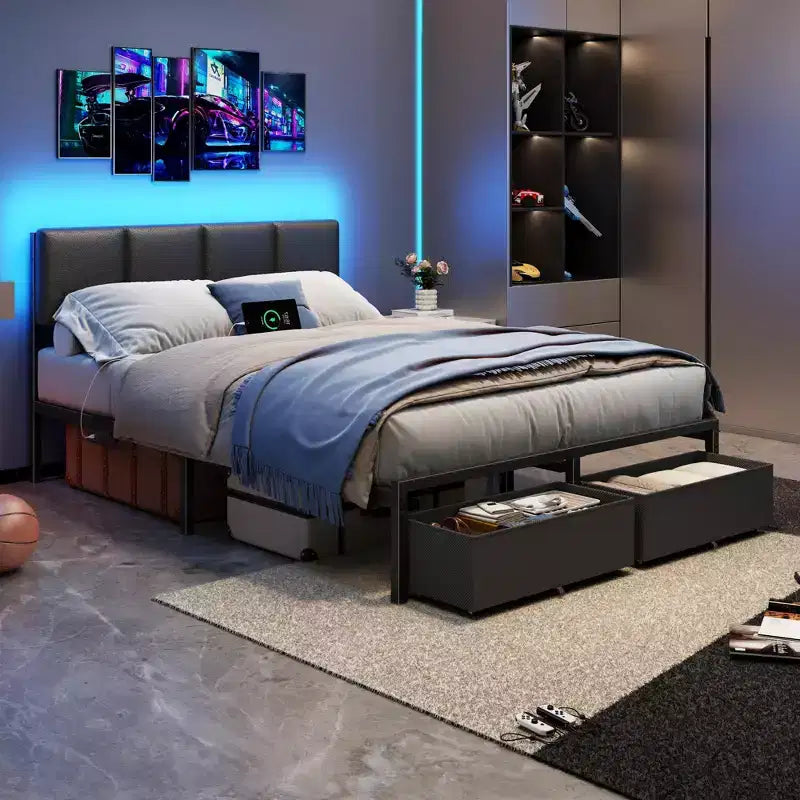 Full Size Upholstered Platform Bed Frame LED Lights Charging Station USB Port 2 Storage Drawers No Box Spring Needed Faux Leather Metal Black