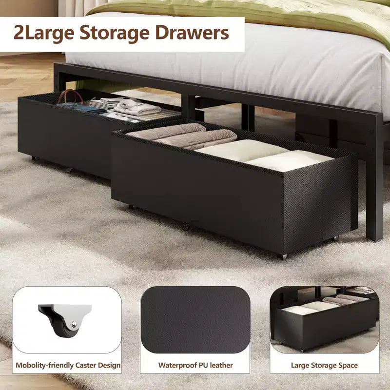 Full Size Upholstered Platform Bed Frame LED Lights Charging Station USB Port 2 Storage Drawers No Box Spring Needed Faux Leather Metal Black