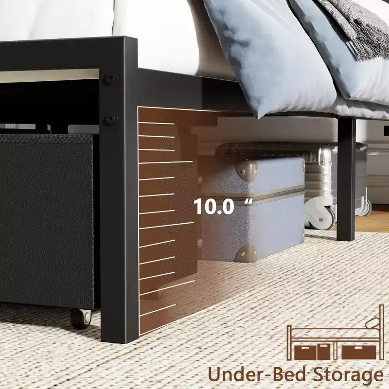 Full Size Upholstered Platform Bed Frame LED Lights Charging Station USB Port 2 Storage Drawers No Box Spring Needed Faux Leather Metal Black