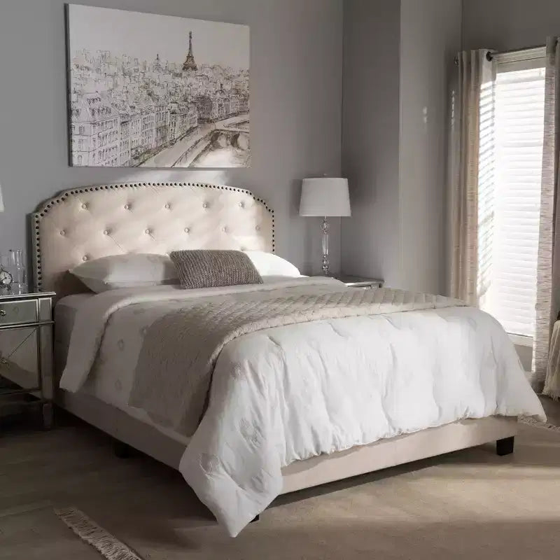 King Modern and Contemporary Fabric Upholstered Bed Light Beige - Rubberwood & MDF Frame, Polyester Fill