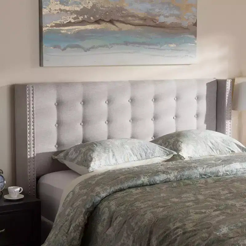 Queen Modern and Contemporary Fabric Button Tufted Nail Head Winged Headboard Gray - Elegant Design, MDF Frame, Spot Clean
