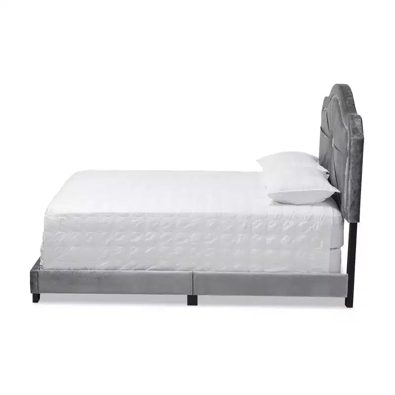 Queen Embla Velvet Fabric Upholstered Bed Gray: Modern Tufted Design, Glossy Finish, Foam Fill, MDF Frame