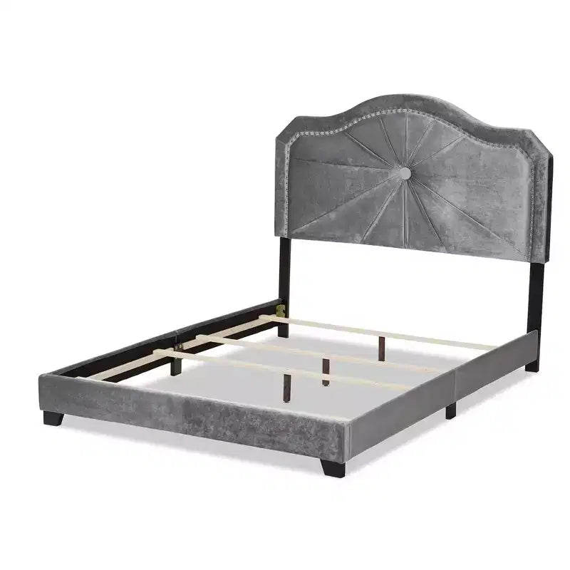 Queen Embla Velvet Fabric Upholstered Bed Gray: Modern Tufted Design, Glossy Finish, Foam Fill, MDF Frame