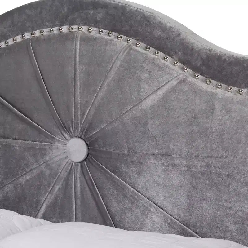 Queen Embla Velvet Fabric Upholstered Bed Gray: Modern Tufted Design, Glossy Finish, Foam Fill, MDF Frame