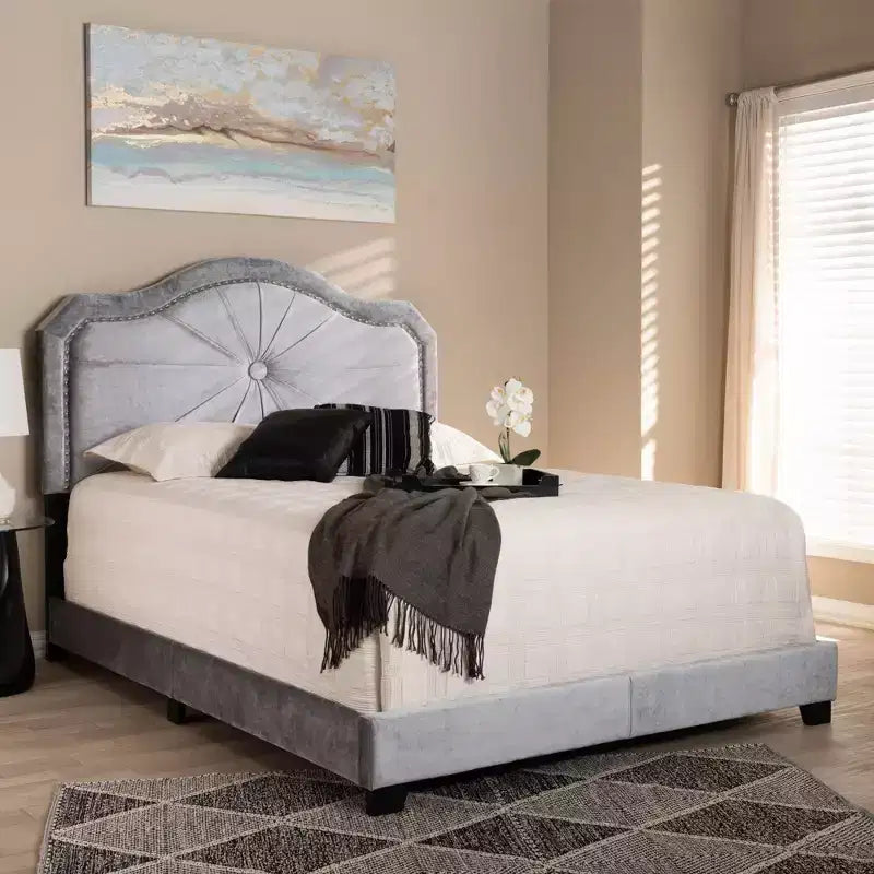 Queen Embla Velvet Fabric Upholstered Bed Gray: Modern Tufted Design, Glossy Finish, Foam Fill, MDF Frame