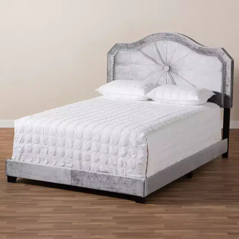 Queen Embla Velvet Fabric Upholstered Bed Gray: Modern Tufted Design, Glossy Finish, Foam Fill, MDF Frame