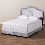 Queen Embla gestoffeerd bed van fluweelachtige stof, grijs: modern gecapitonneerd ontwerp, glanzende afwerking, schuimvulling, MDF-frame