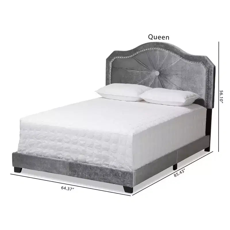 Queen Embla Velvet Fabric Upholstered Bed Gray: Modern Tufted Design, Glossy Finish, Foam Fill, MDF Frame