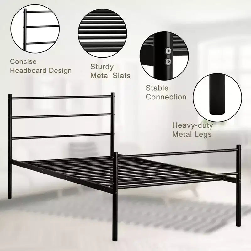 Twin Size Metal Bed Frame Platform Mattress Foundation W/ Headboard Black