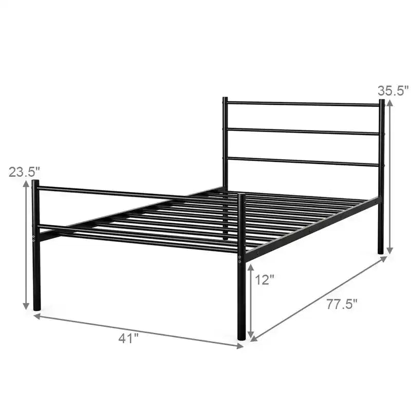 Twin Size Metal Bed Frame Platform Mattress Foundation W/ Headboard Black