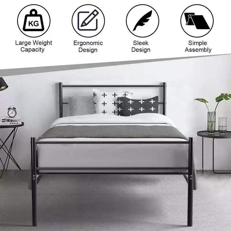 Twin Size Metal Bed Frame Platform Mattress Foundation W/ Headboard Black