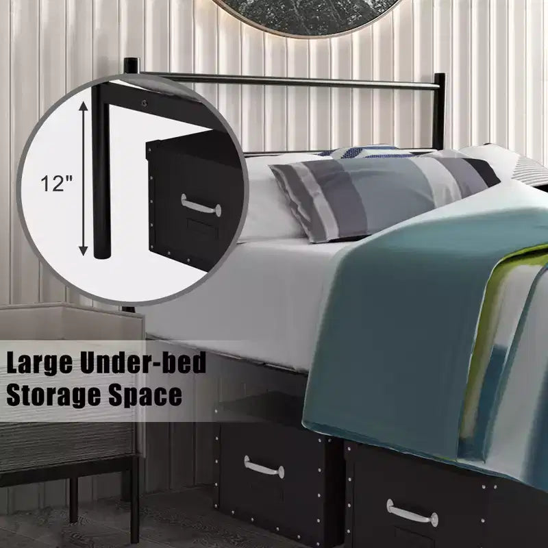 Twin Size Metal Bed Frame Platform Mattress Foundation W/ Headboard Black