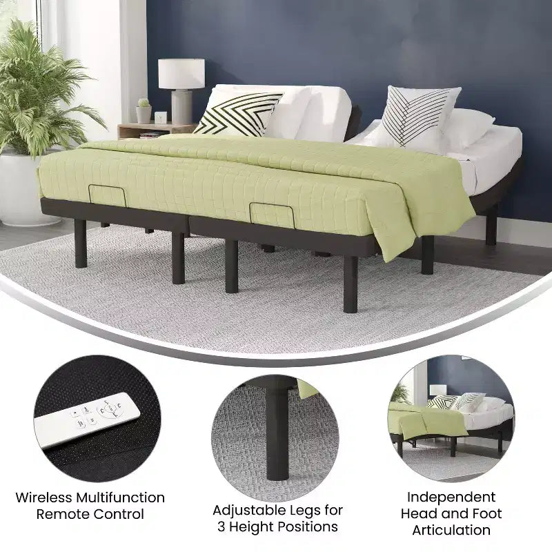 Selene Adjustable Upholstered Bed Base with Wireless Remote, Three Leg Heights, & Independent Head/Foot Incline
