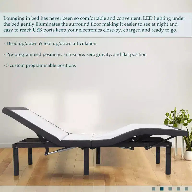 15" Adjustable Bed Frame Base with 3 Programmable Positions, Head And Foot Incline, LED Ambient Lighting, White