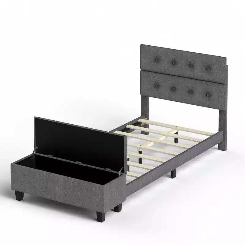 Full Upholstered Bed Frame with Ottoman Storage Linen Button Tufted Headboard