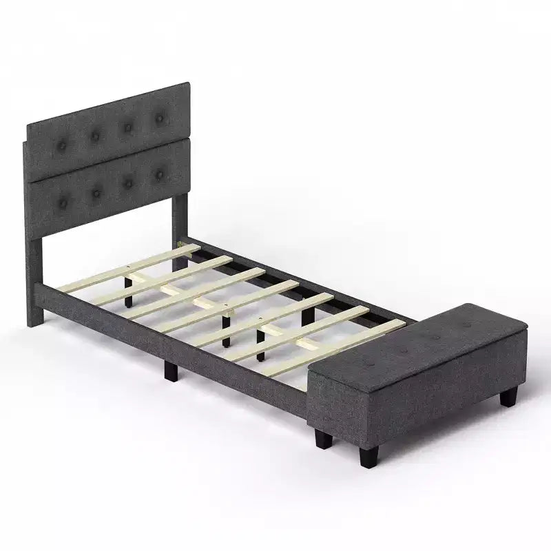 Full Upholstered Bed Frame with Ottoman Storage Linen Button Tufted Headboard