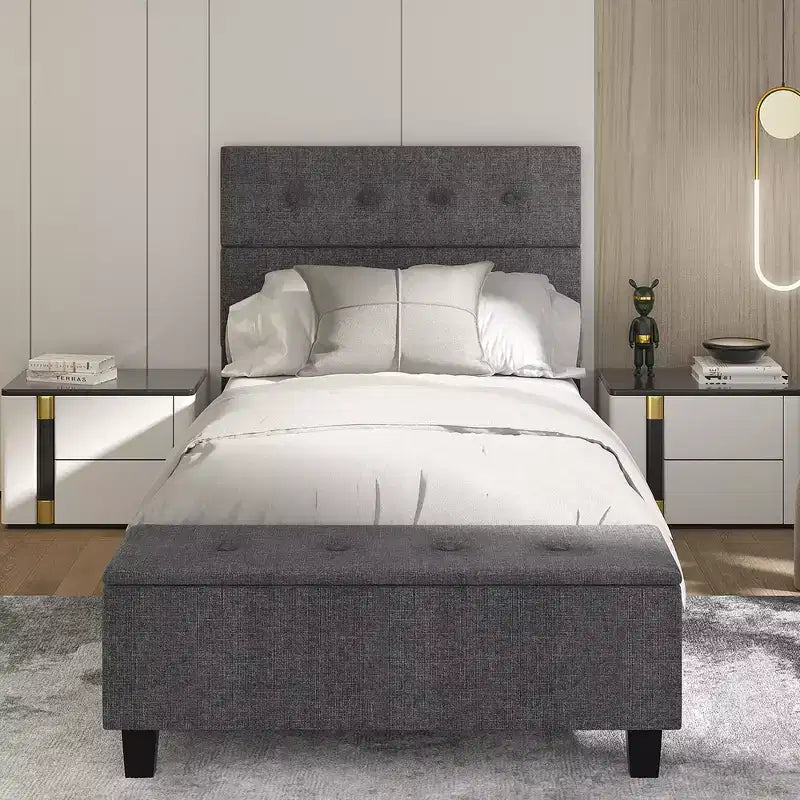 Full Upholstered Bed Frame with Ottoman Storage Linen Button Tufted Headboard