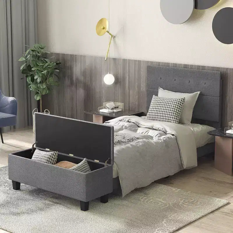 Full Upholstered Bed Frame with Ottoman Storage Linen Button Tufted Headboard