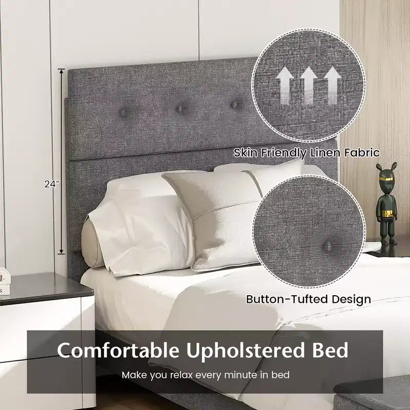 Full Upholstered Bed Frame with Ottoman Storage Linen Button Tufted Headboard