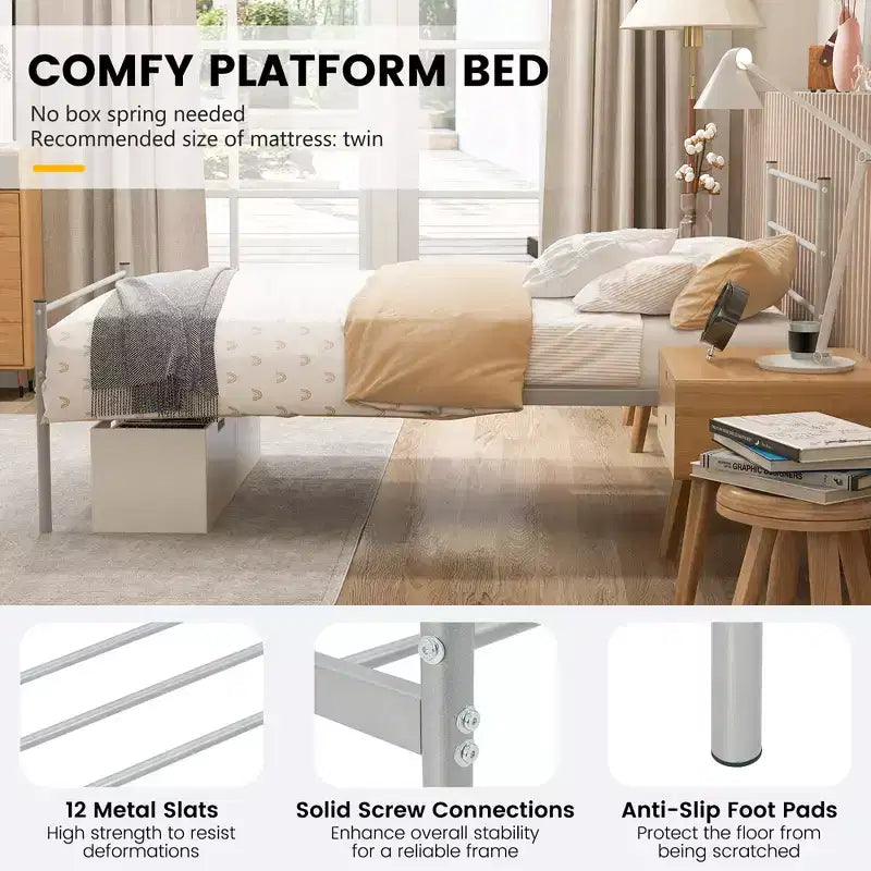 Twin Metal Bed Frame Mattress Foundation No Box Spring Needed