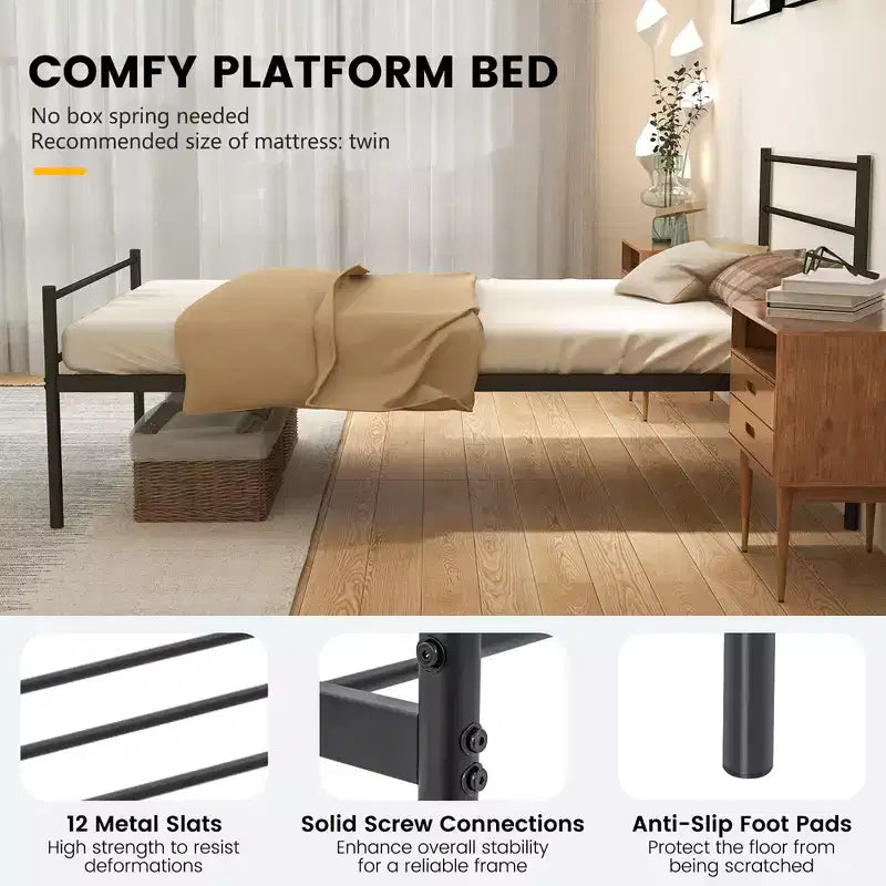 Twin Metal Bed Frame Mattress Foundation No Box Spring Needed