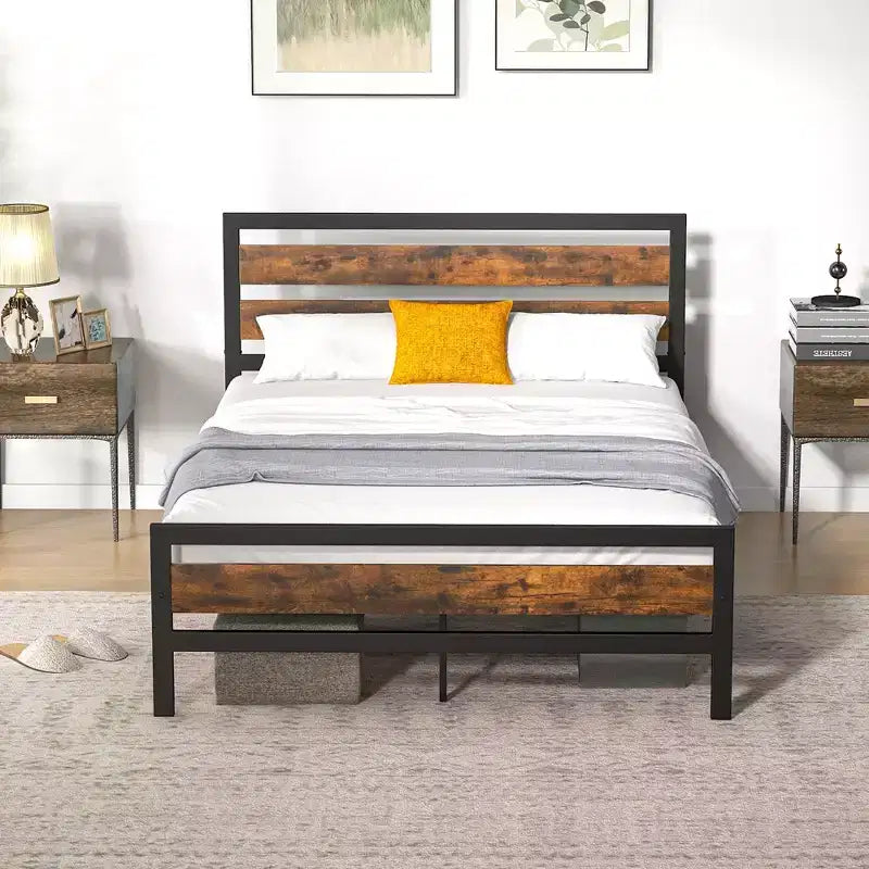 Full/Queen Industrial Metal Platform Bed Frame Rustic Headboard Mattress Foundation