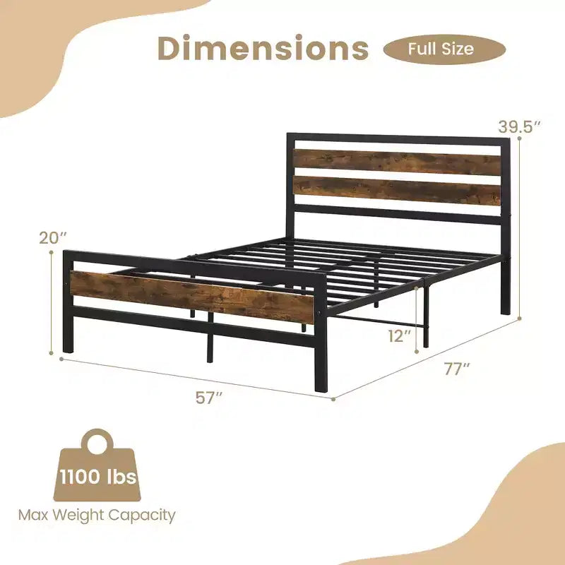 Full/Queen Industrial Metal Platform Bed Frame Rustic Headboard Mattress Foundation