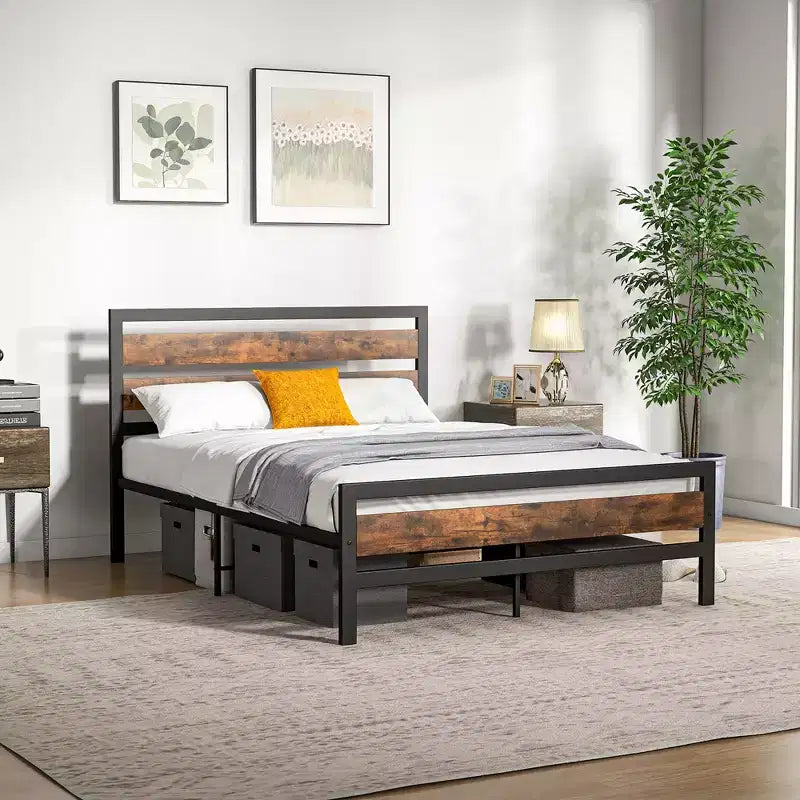 Full/Queen Industrial Metal Platform Bed Frame Rustic Headboard Mattress Foundation