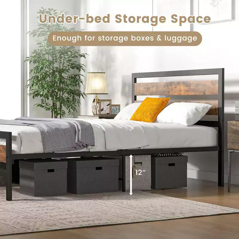 Full/Queen Industrial Metal Platform Bed Frame Rustic Headboard Mattress Foundation