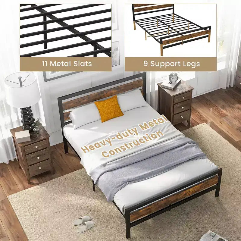 Full/Queen Industrial Metal Platform Bed Frame Rustic Headboard Mattress Foundation