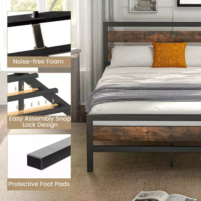Full/Queen Industrial Metal Platform Bed Frame Rustic Headboard Mattress Foundation