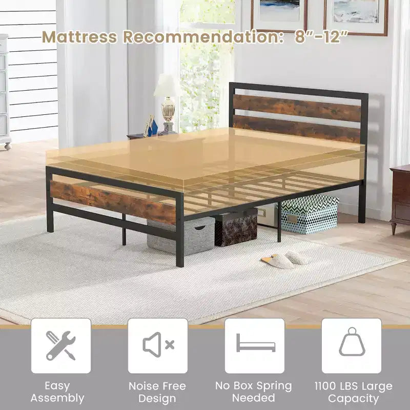 Full/Queen Industrial Metal Platform Bed Frame Rustic Headboard Mattress Foundation