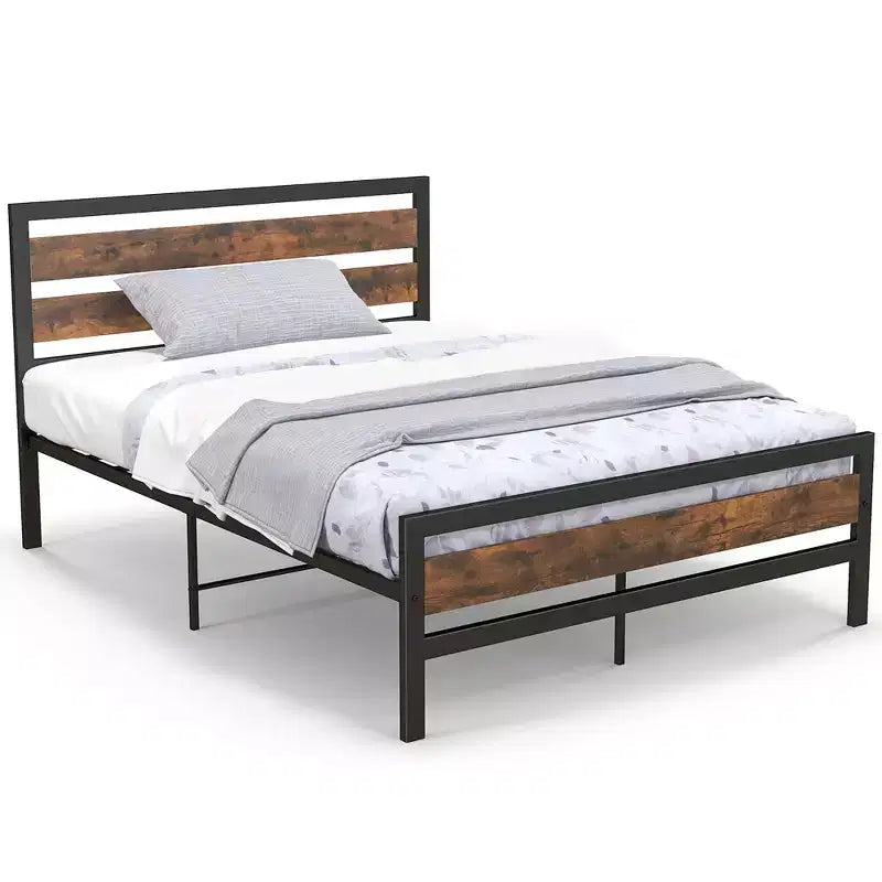 Full/Queen Industrial Metal Platform Bed Frame Rustic Headboard Mattress Foundation